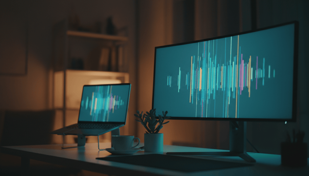 Monitor with blurred lines of code and a laptop on a developer's desk in teal evening light