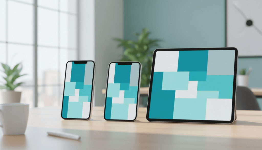 Two phones and a tablet on a desk showing the same website layout at different screen sizes