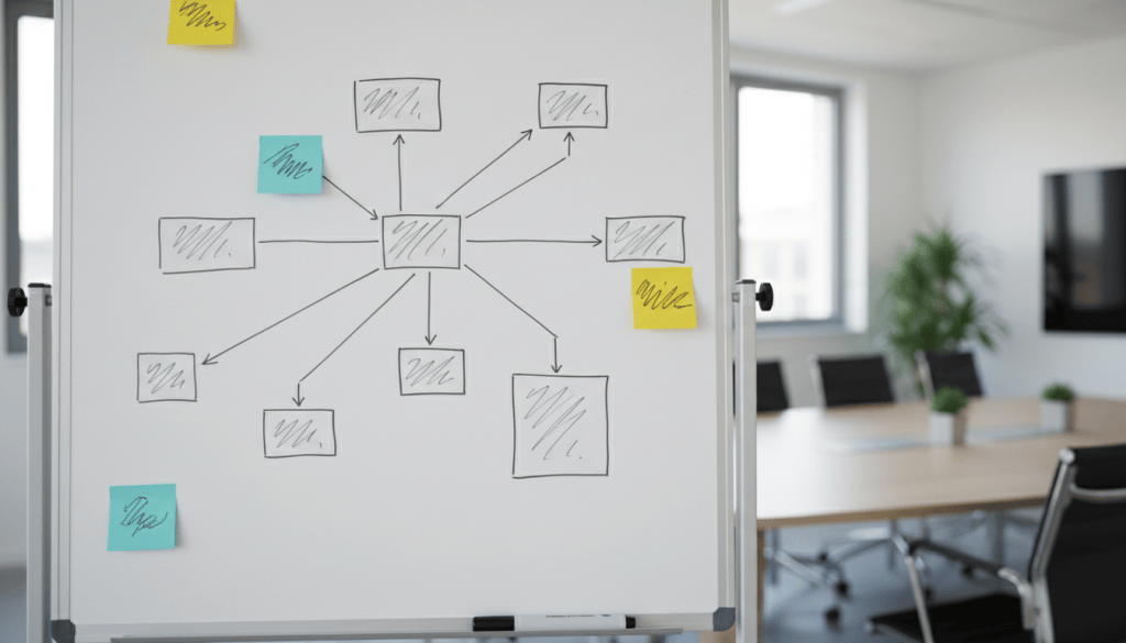 Whiteboard with a hand-drawn site map of connected boxes and sticky notes in a bright meeting room